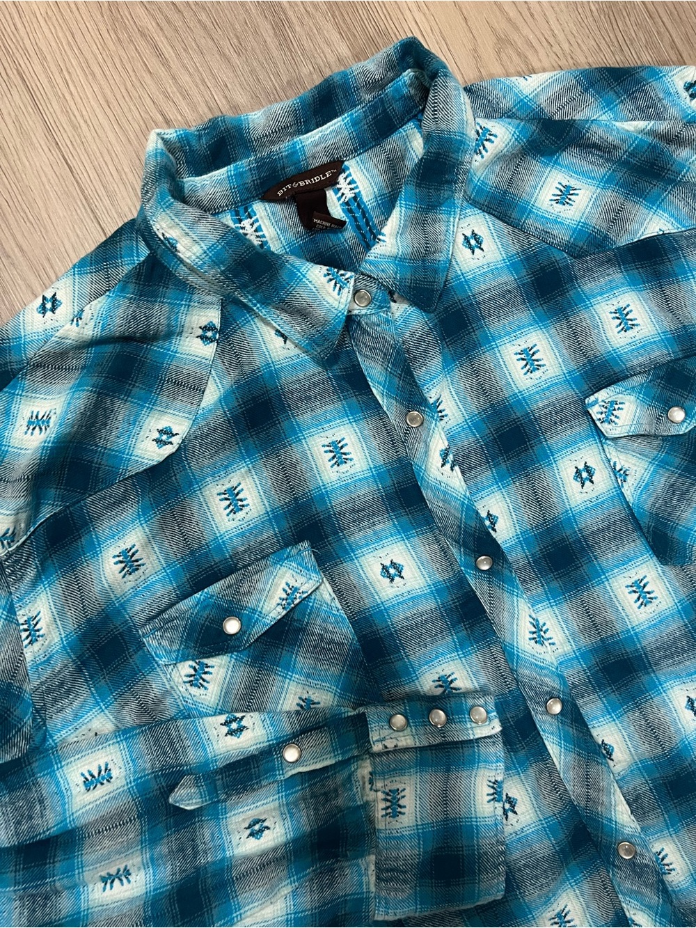 Bit & Bridle Western Plaid Snap Front Shirt 3X Teal Embroidered
